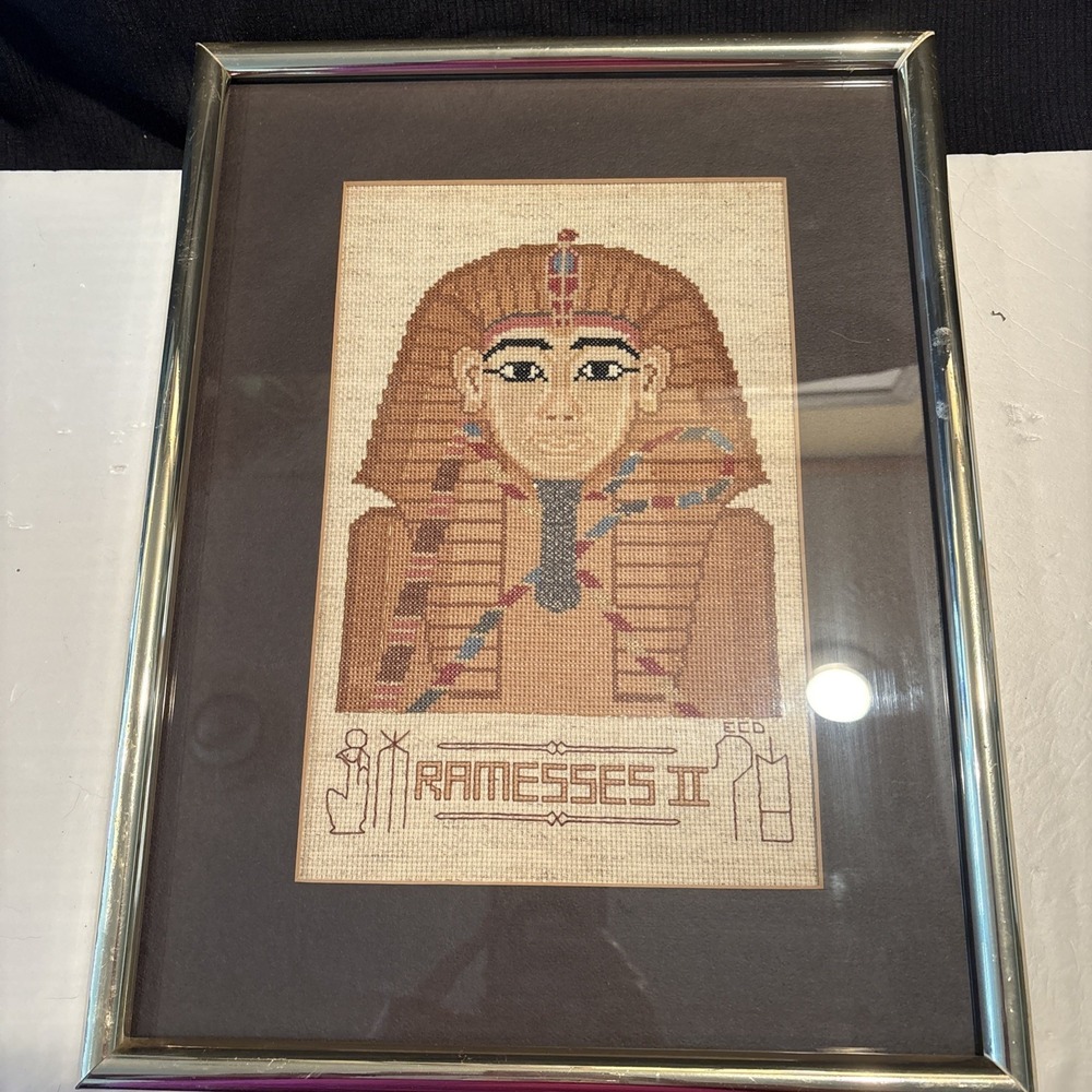 Vintage Ramses II Egyptian Needlepoint Framed Art 1970s Pharaoh Decor 12x16